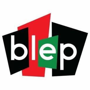 Logo featuring the word "blep" in lowercase, with each letter overlaid on irregular quadrilateral shapes in black, red, and green.